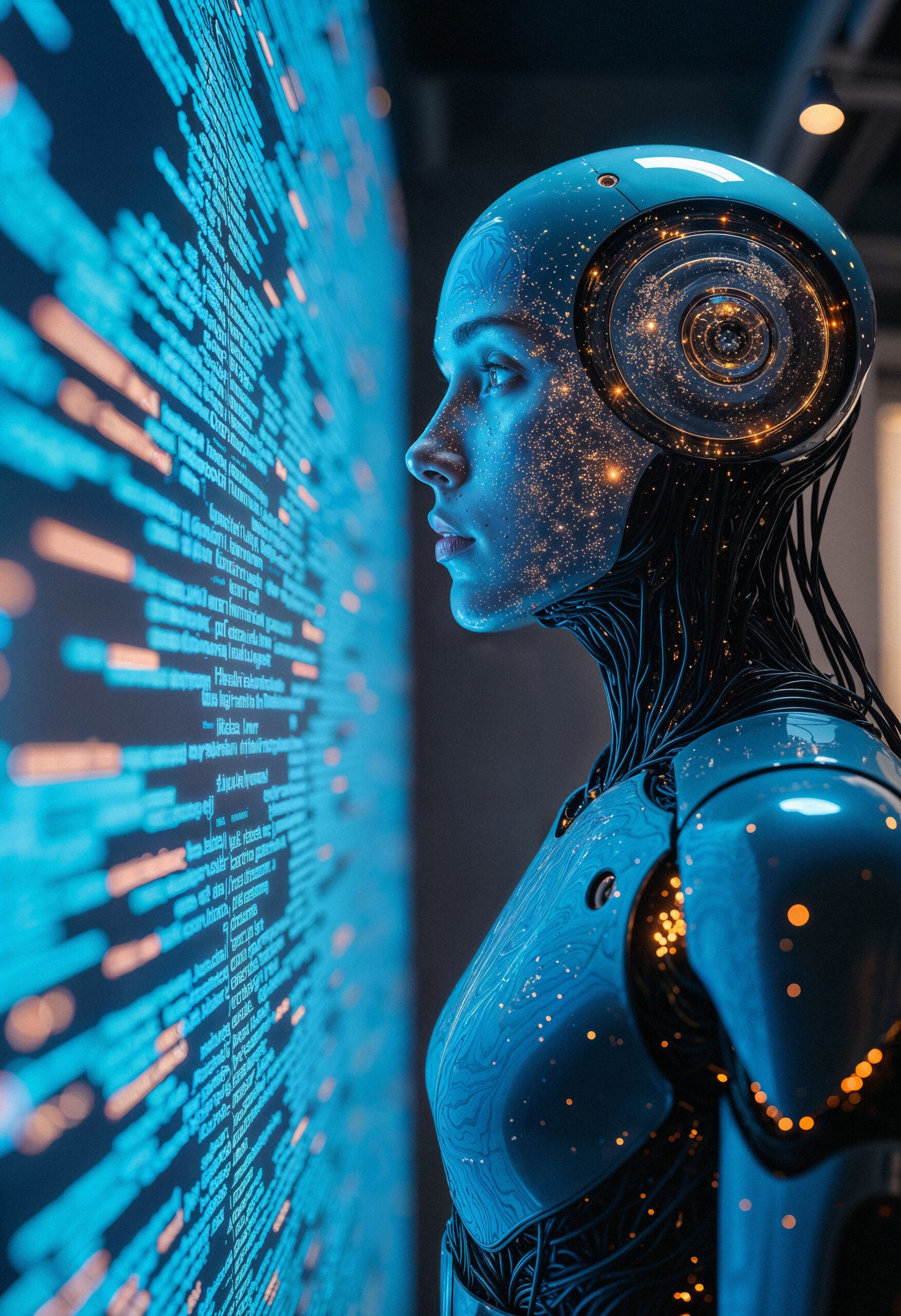 un robot qui regarde le code une vision cyberpunk futuriste